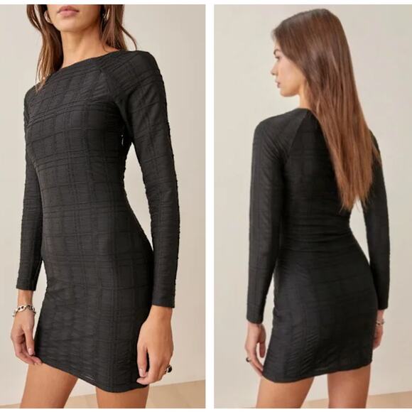 REFORMATION Dee Waffle Textured Long Sleeve Mini Dress Black Sz S NWT {H39} - Picture 2 of 4